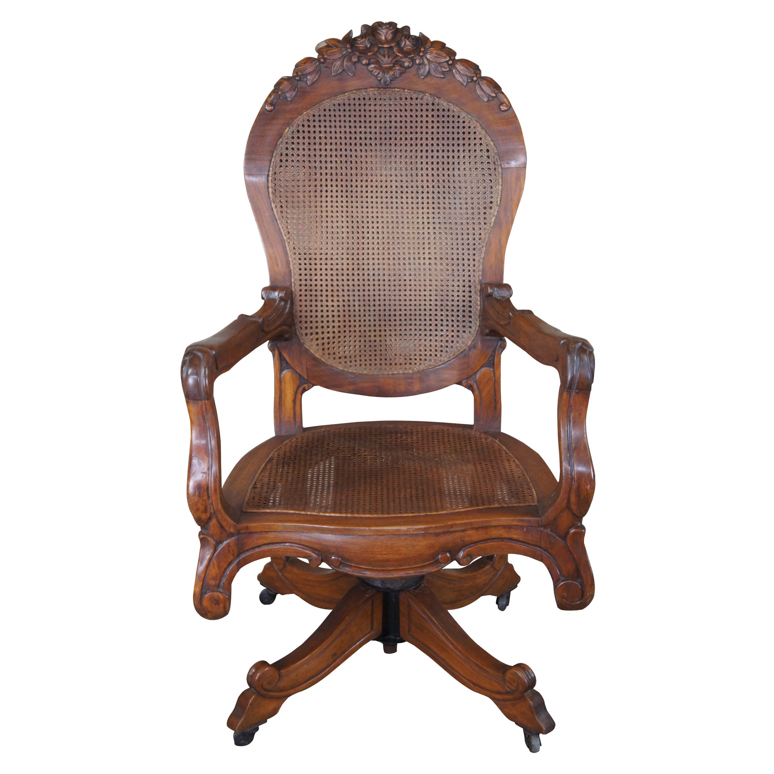 Antique French Carved Oak Caned Office Executive Desk Swivel Arm Chair Victorian