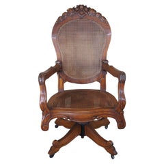 Antique French Carved Oak Caned Office Executive Desk Swivel Arm Chair Victorian