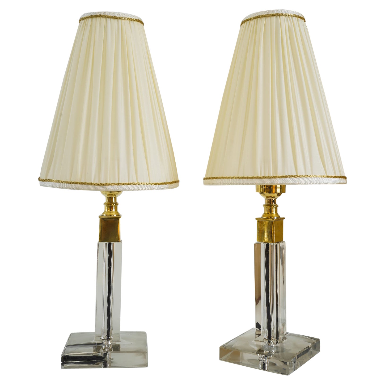 2 Art Deco Cut Glass Table Lamp with Fabric Shades Around 1920s