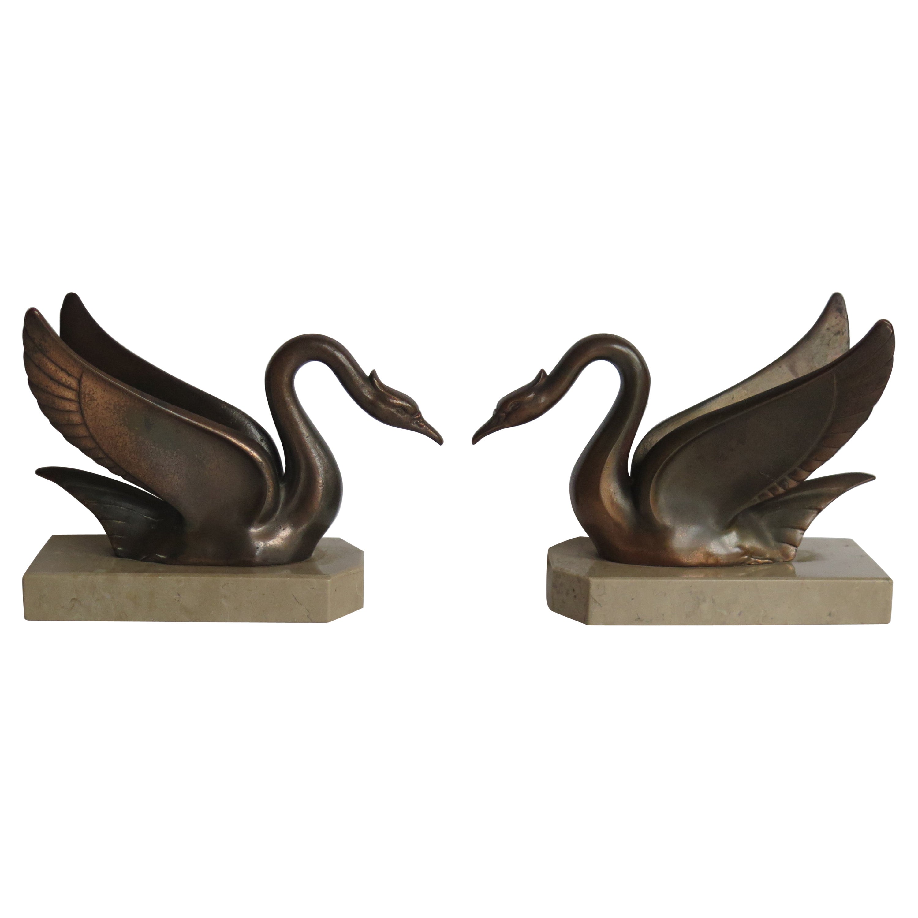 Art Deco Bookends Swans Bronzed Metal on Beige Marble Bases, French, circa 1930 For Sale