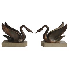 Art Deco Bookends Swans Bronzed Metal on Beige Marble Bases, French, circa 1930