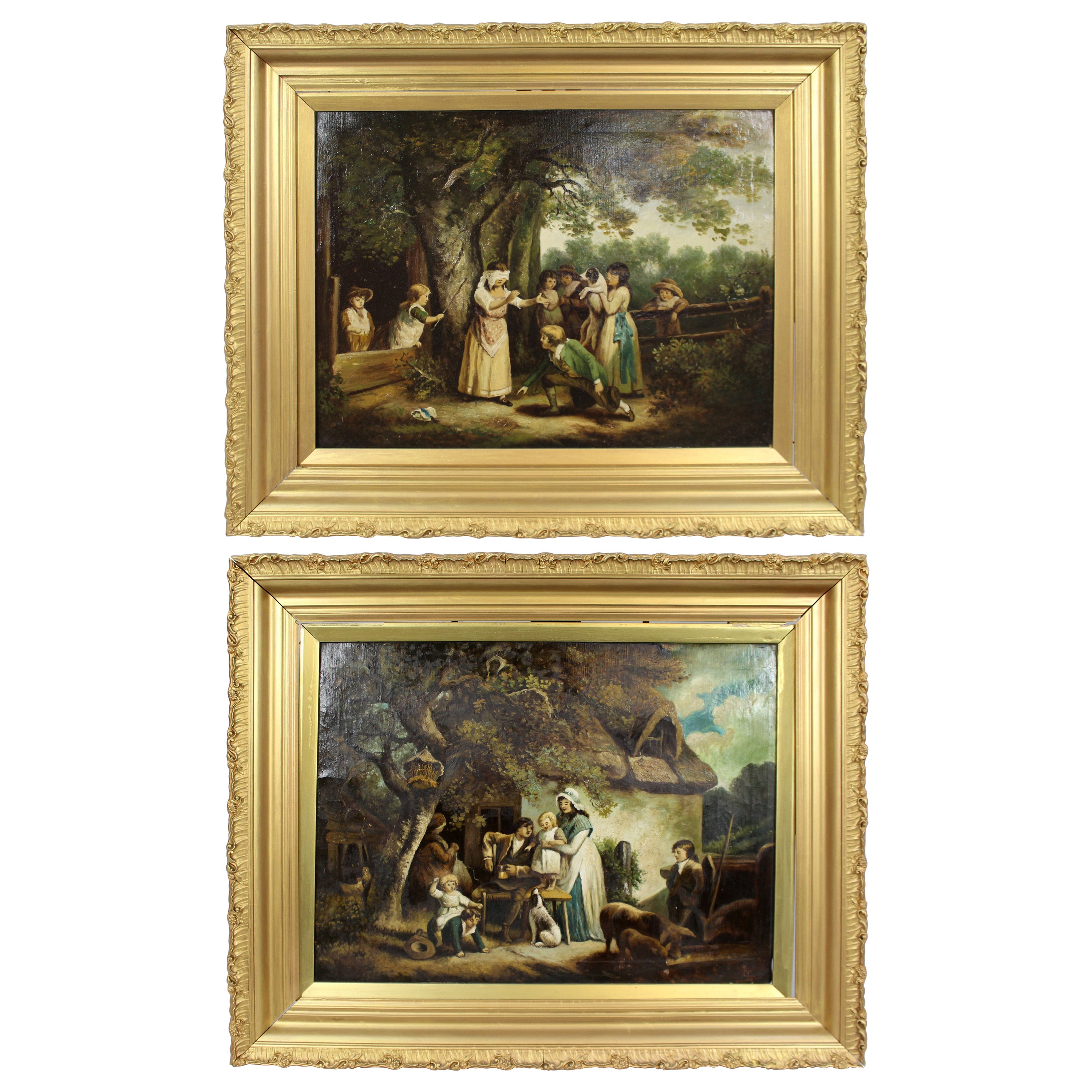 Pair of Early 19th C. Country Genre Scenes Oil on Canvas For Sale