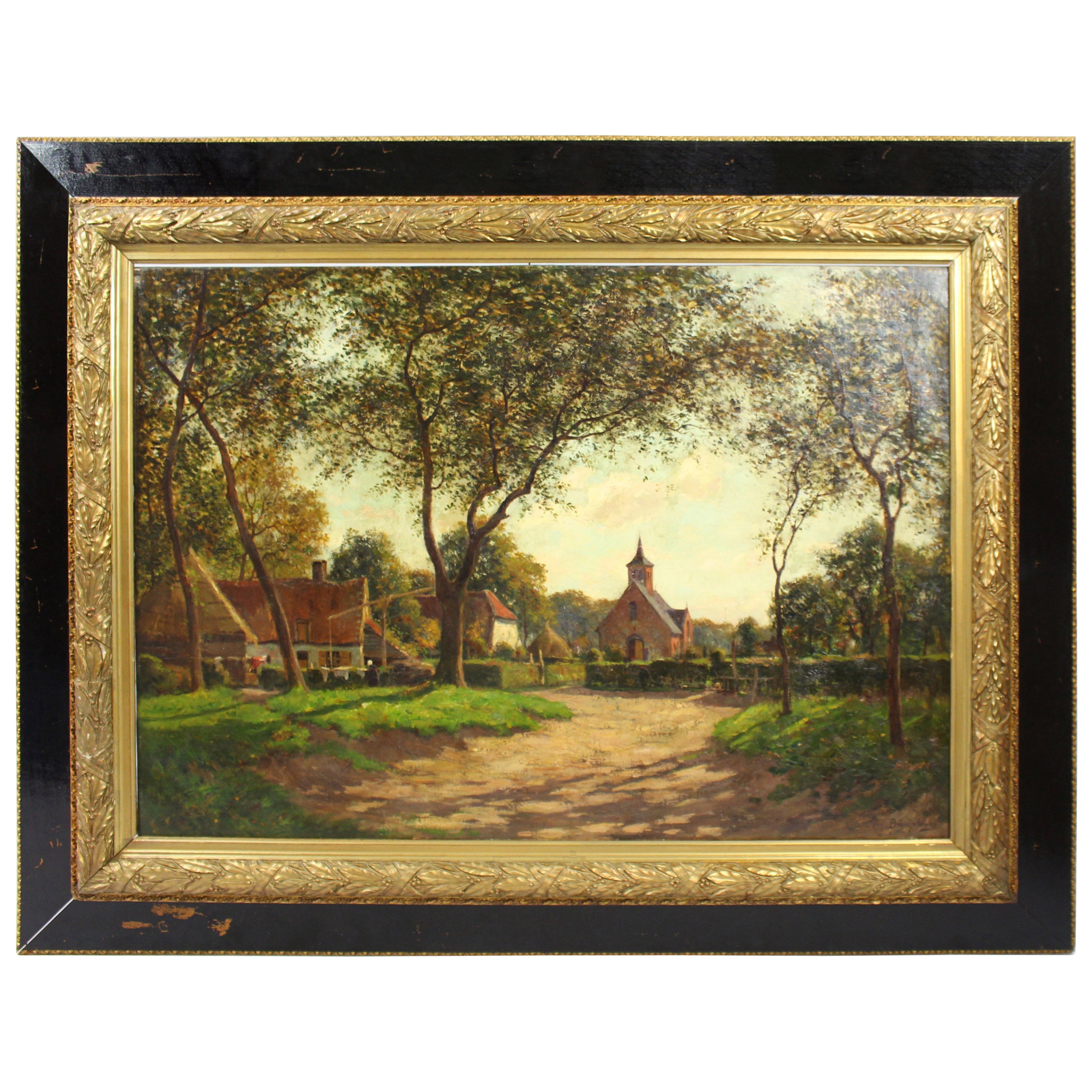 Large Late 19th C. Village Landscape Oil on Canvas