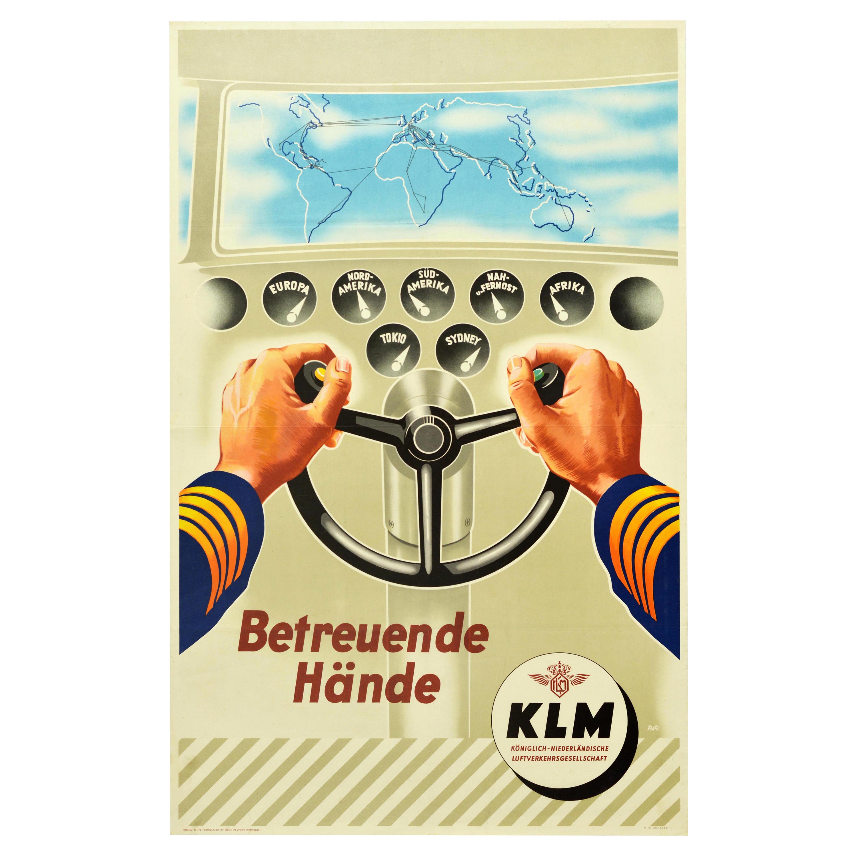 Original Vintage Poster KLM Royal Dutch Airline Pilot Caring Hands Route Map
