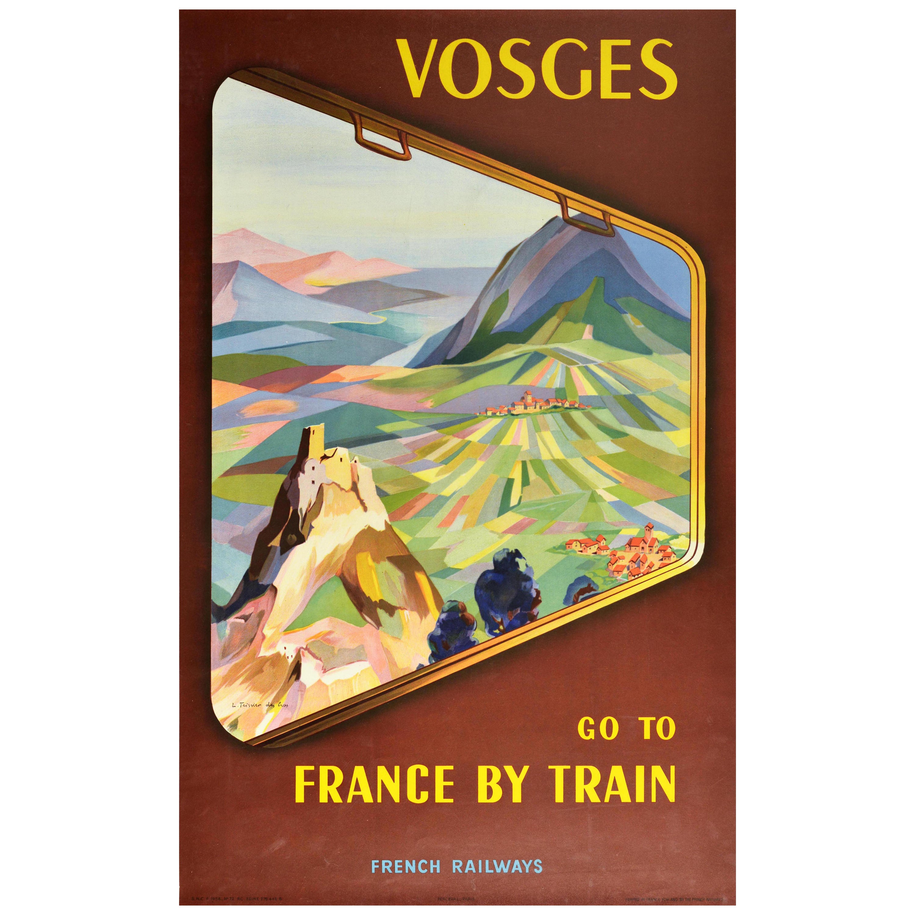 Affiche vintage d'origine Vosges France par train, Chemins de fer français, Montagnes, Château