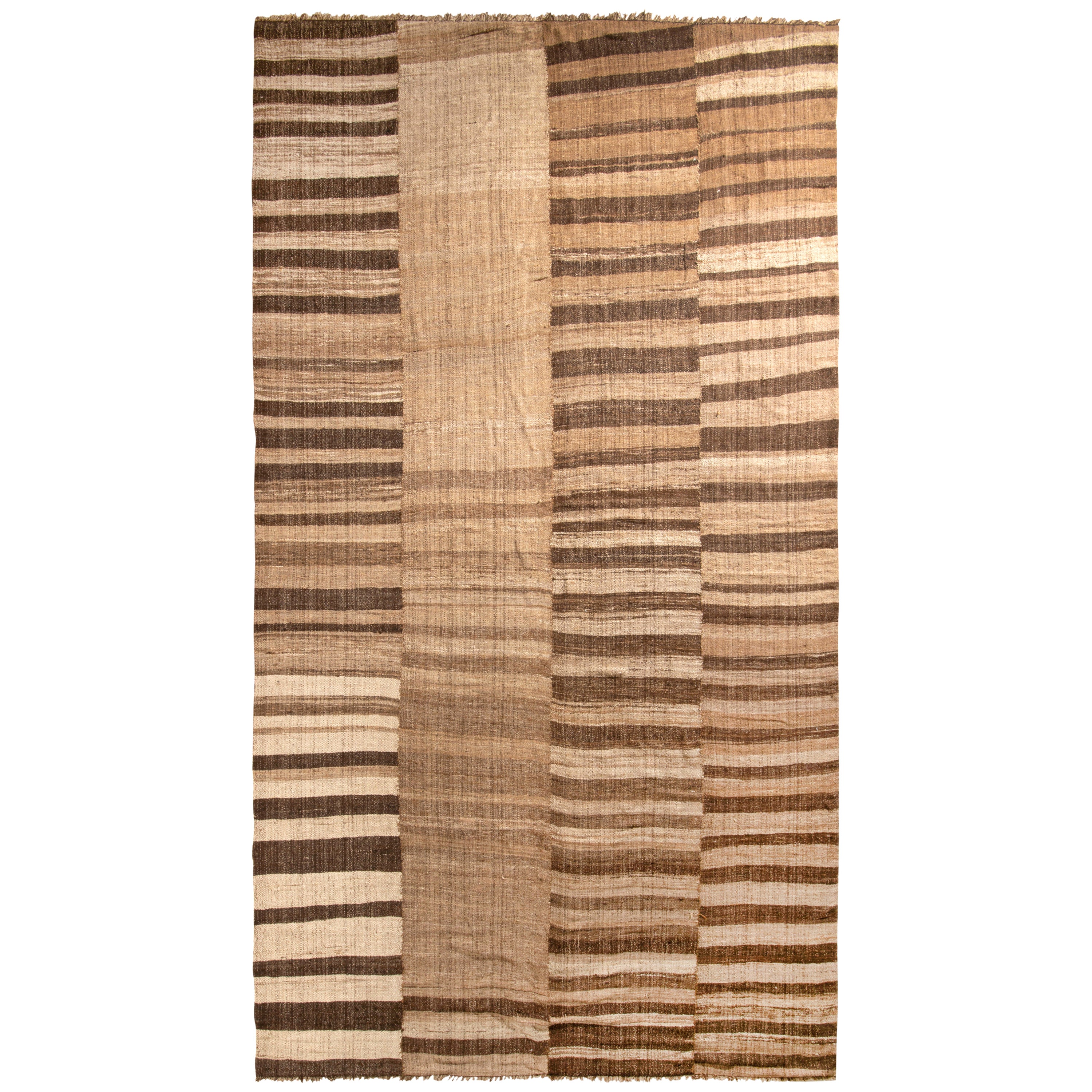 Oversized Vintage Mazandaran Persian Kilim, Beige-Brown Stripes - Rug & Kilim