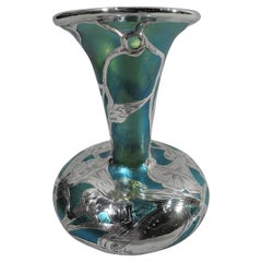 Loetz Art Nouveau Silver Overlay Vase in Rich Iridescent Sea Green