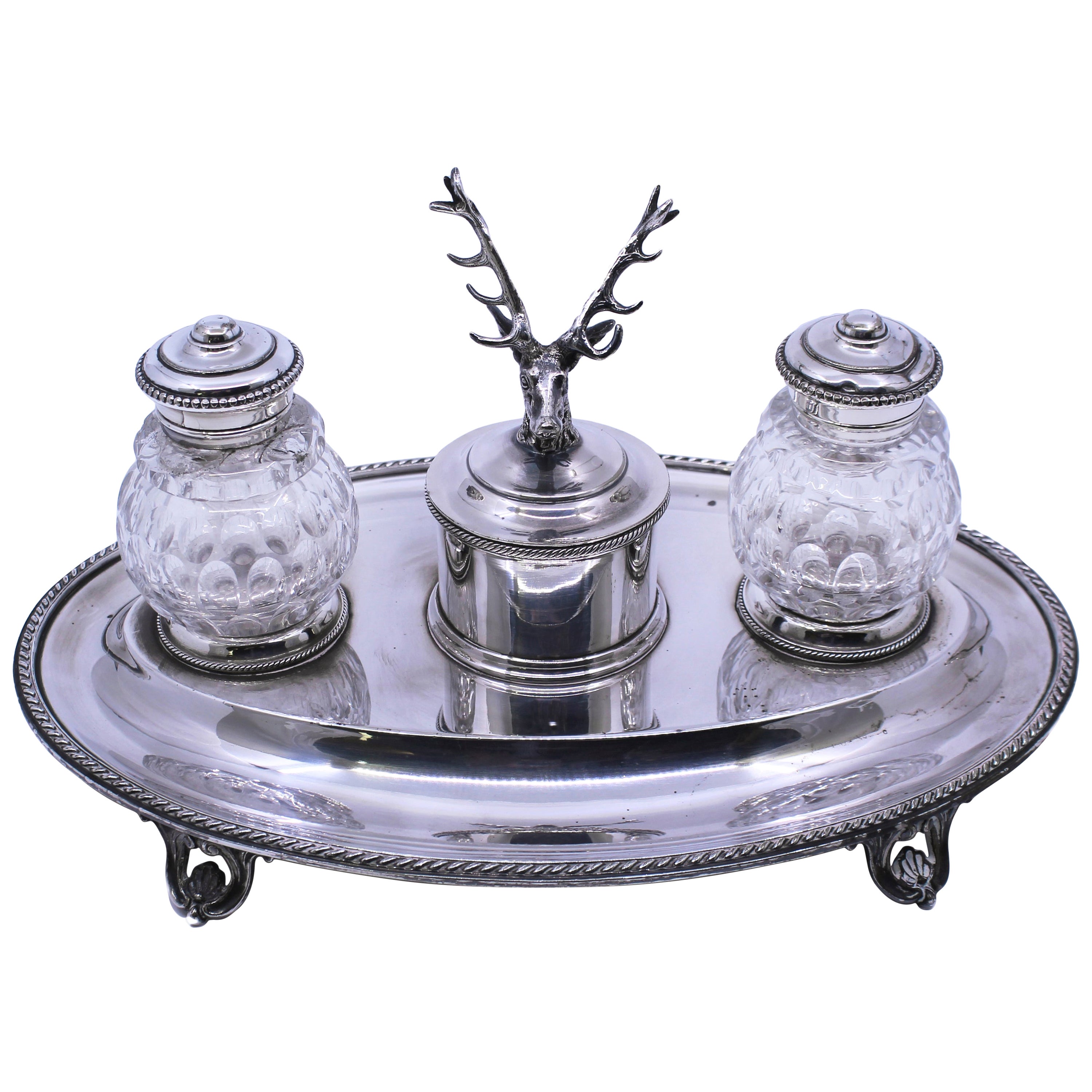 Victorian Silver Plate & Cut Glass Inkwell For Sale