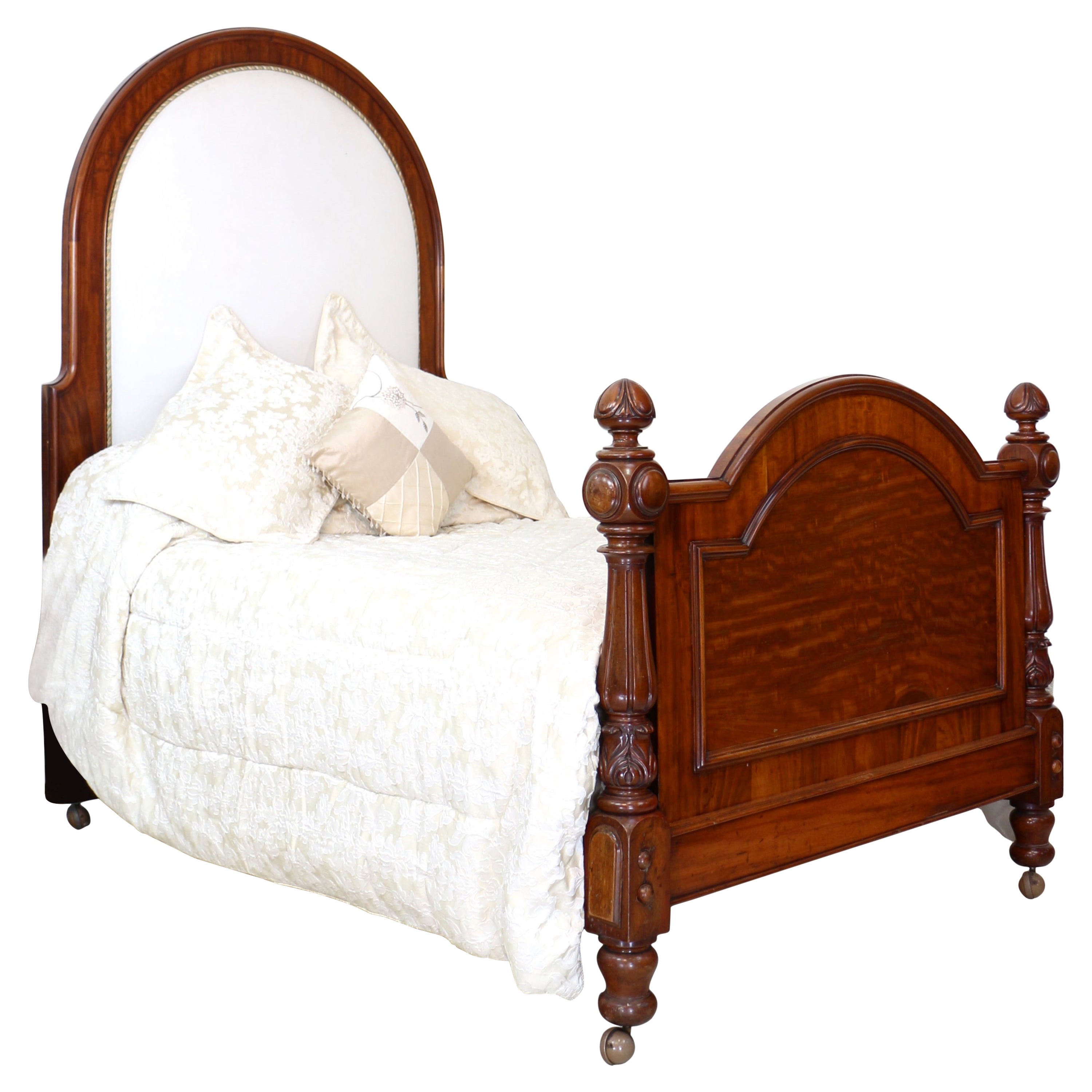 Antique English Victorian High Back Mahogany & Upholstered Bed For Sale