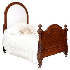Antique English Victorian High Back Mahogany & Upholstered Bed