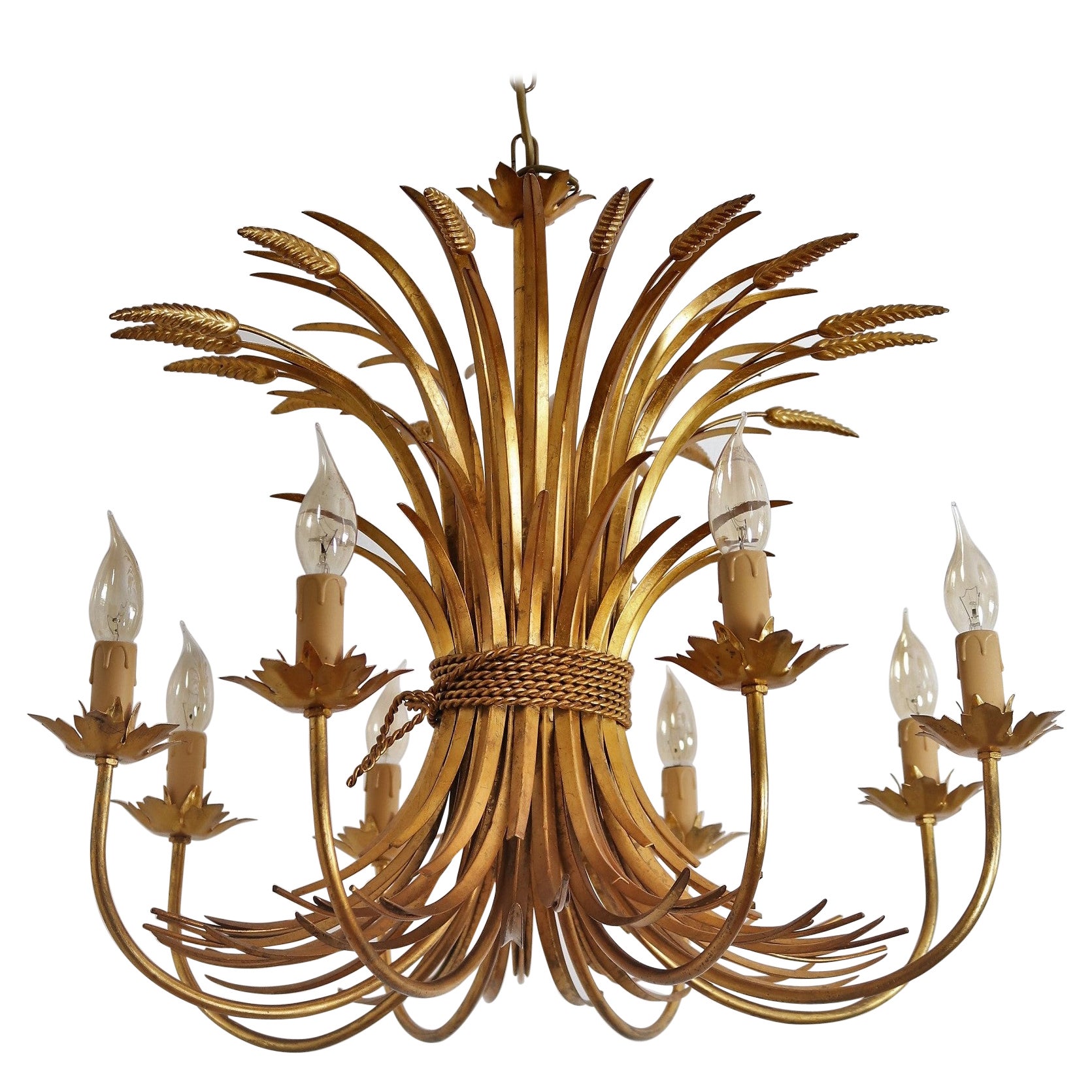Italian Midcentury 8-Arm Gilt Chandelier with Wheat and Leaves, 1960s