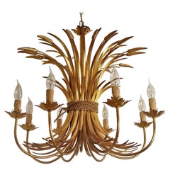 Vintage Italian Midcentury 8-Arm Gilt Chandelier with Wheat and Leaves, 1960s