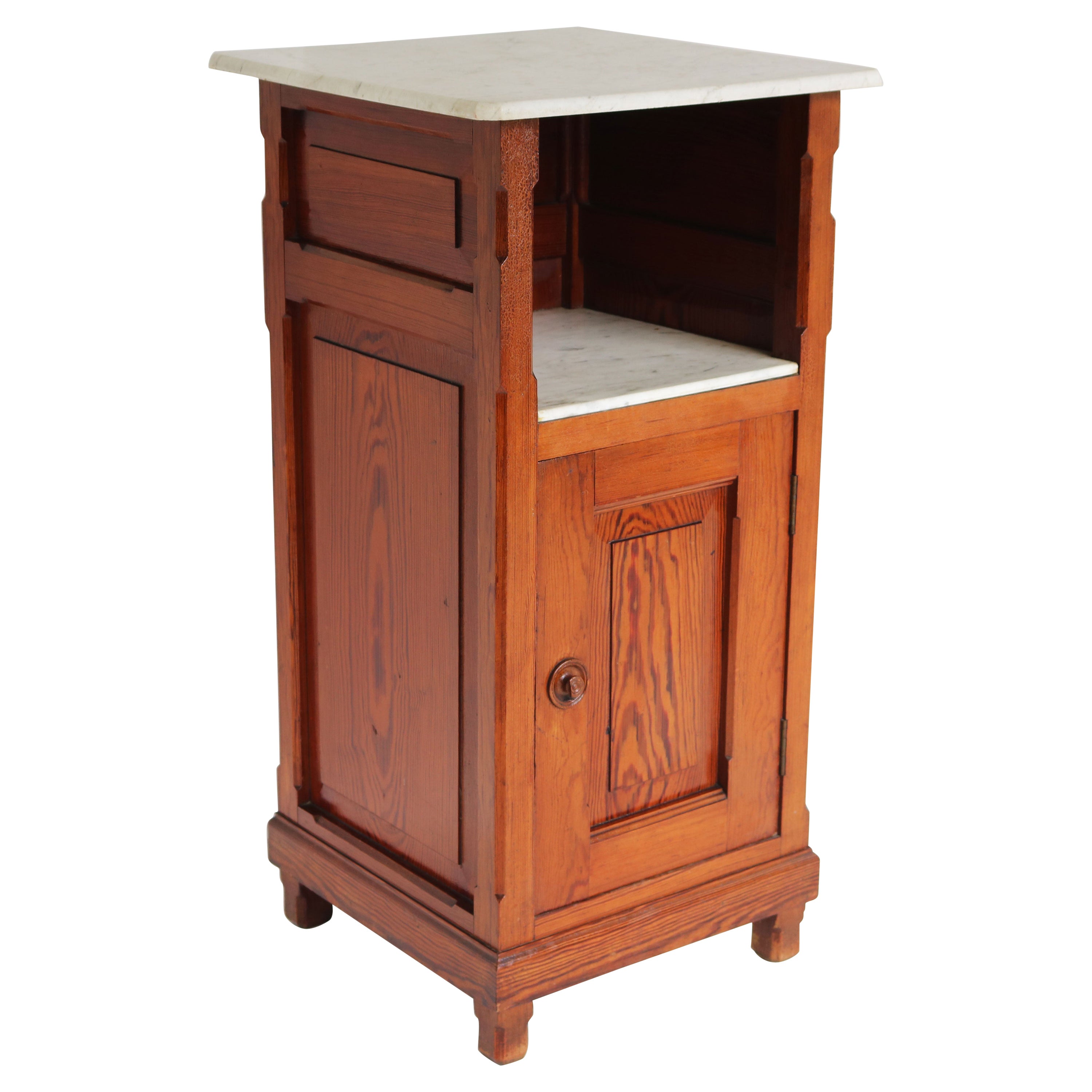 Antique 19th Century Night Stand / Cabinet Solid Pitchpine & Carrara Marble Tops For Sale