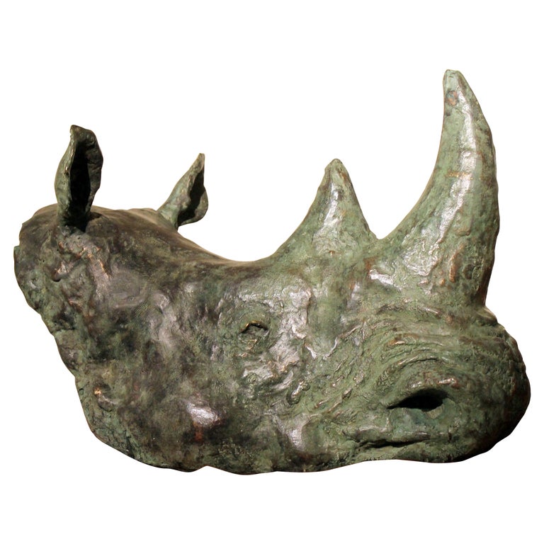 Contemporary Rhino Trophy Head Bronze Wall Sculpture with Green Patina Finish For Sale