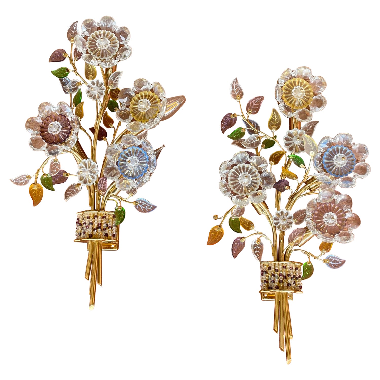 Hollywood Regency Brass and Glass Floral Bouquet Wall Sconces