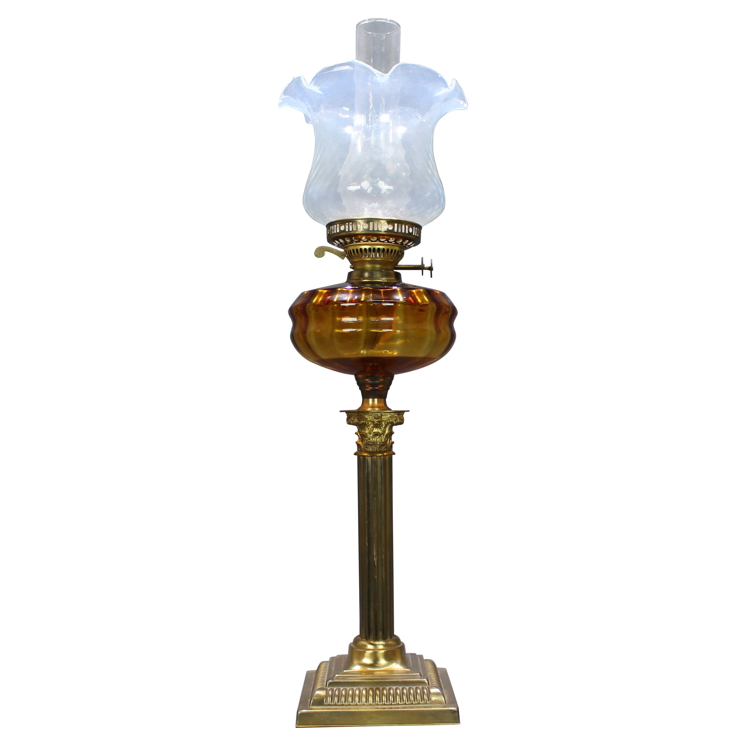 Victorian Brass Oil Lamp with Amber Font & Vaseline Glass Shade For Sale