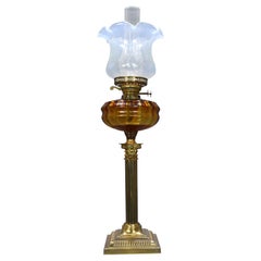 Victorian Brass Oil Lamp with Amber Font & Vaseline Glass Shade