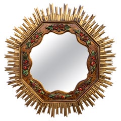 Antique Octogonal Sunburst Giltwood French and Polychromed Barbola Mirror