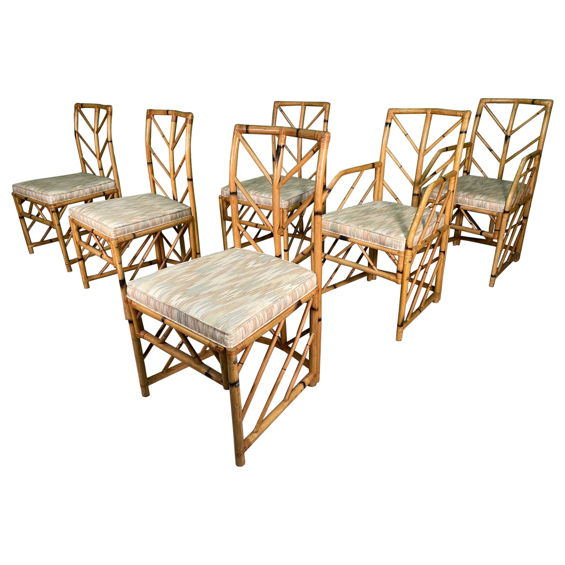 Vintage Chevron Rattan Dining Chairs, Set of 6