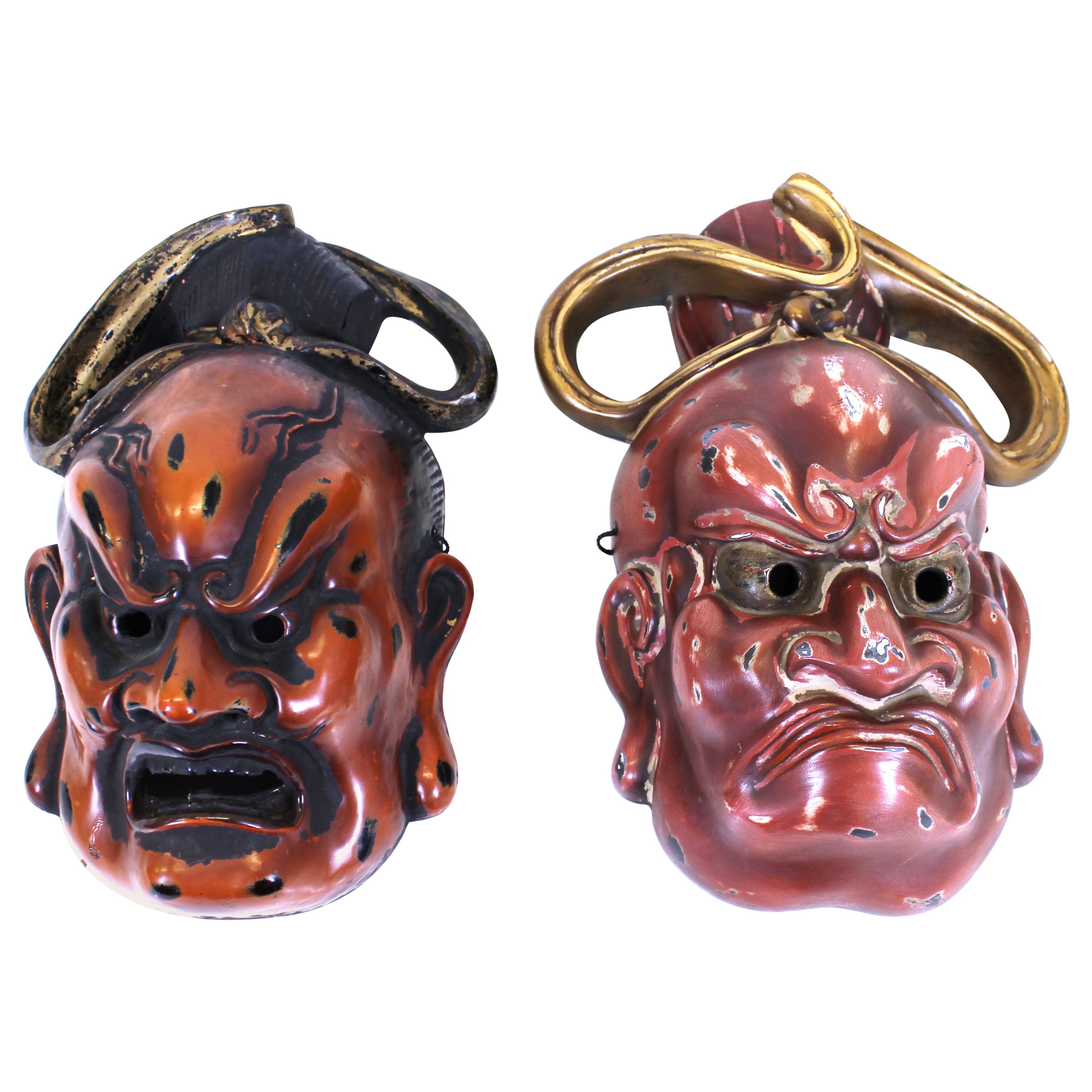 Japanese Nio Buddhist Temple Guardian Masks in Carved lacquered Wood For Sale