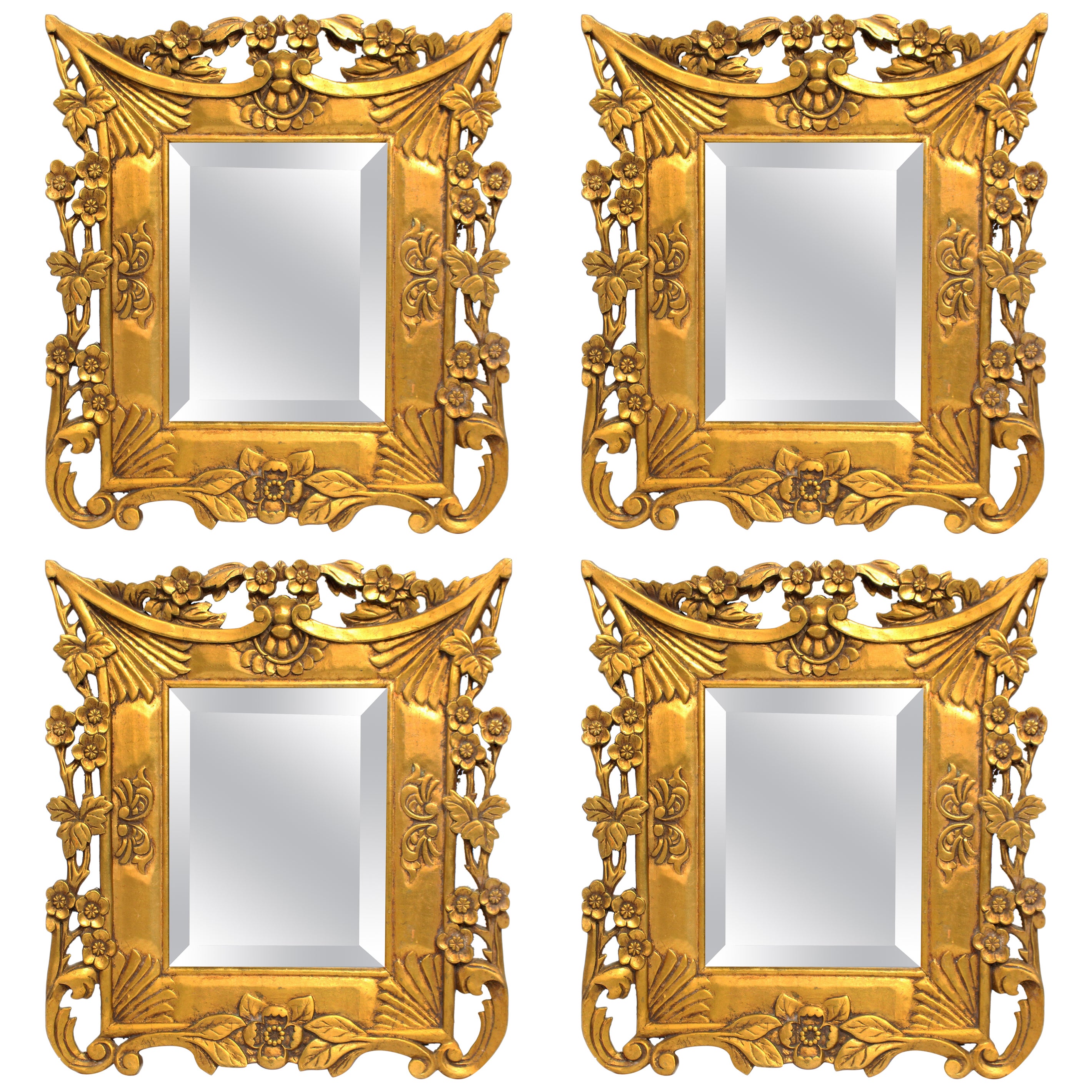 Set of 4 Carved Floral Giltwood Bevelled Glass Wall Mirror For Sale