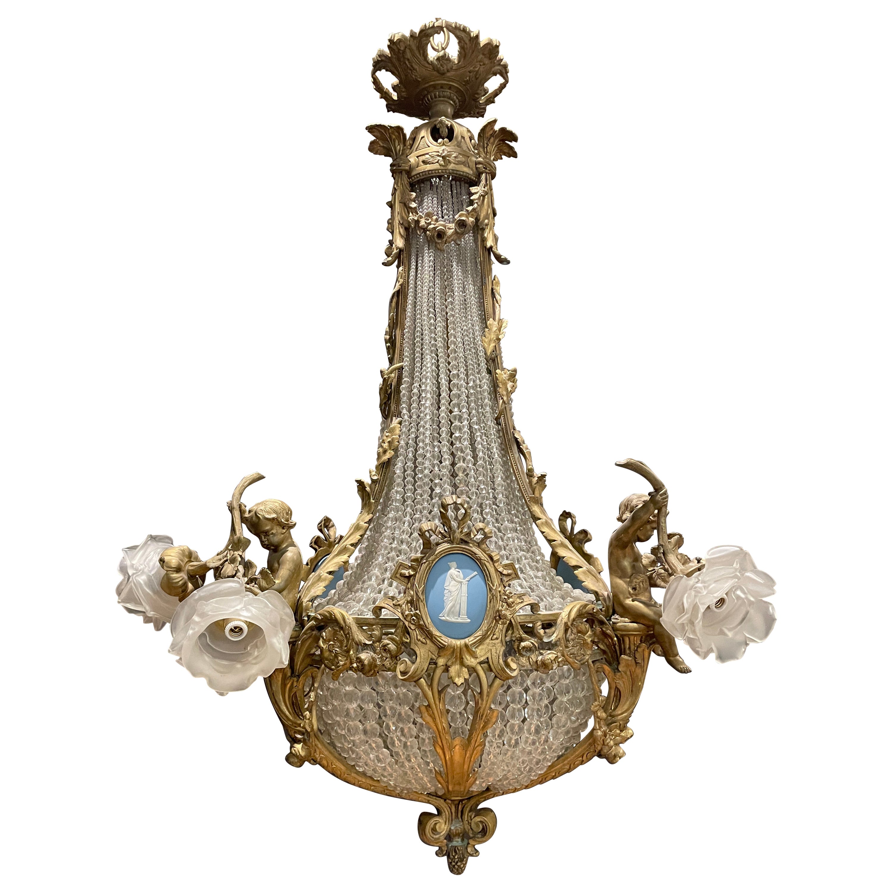 Lustre français du 19ème siècle en bronze, cristal et porcelaine