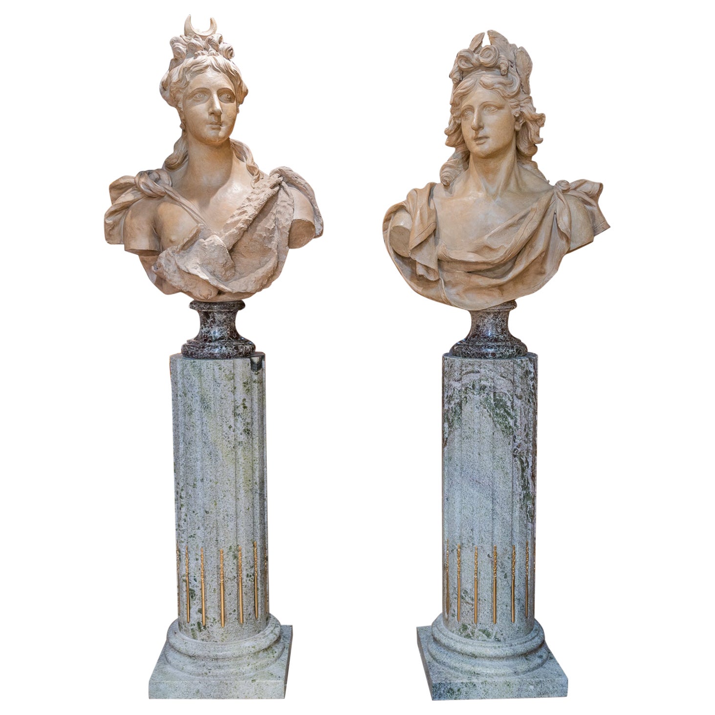 Magnificent Pair of Late 18th C Large Terra Cotta Busts of Apollo and Diana
