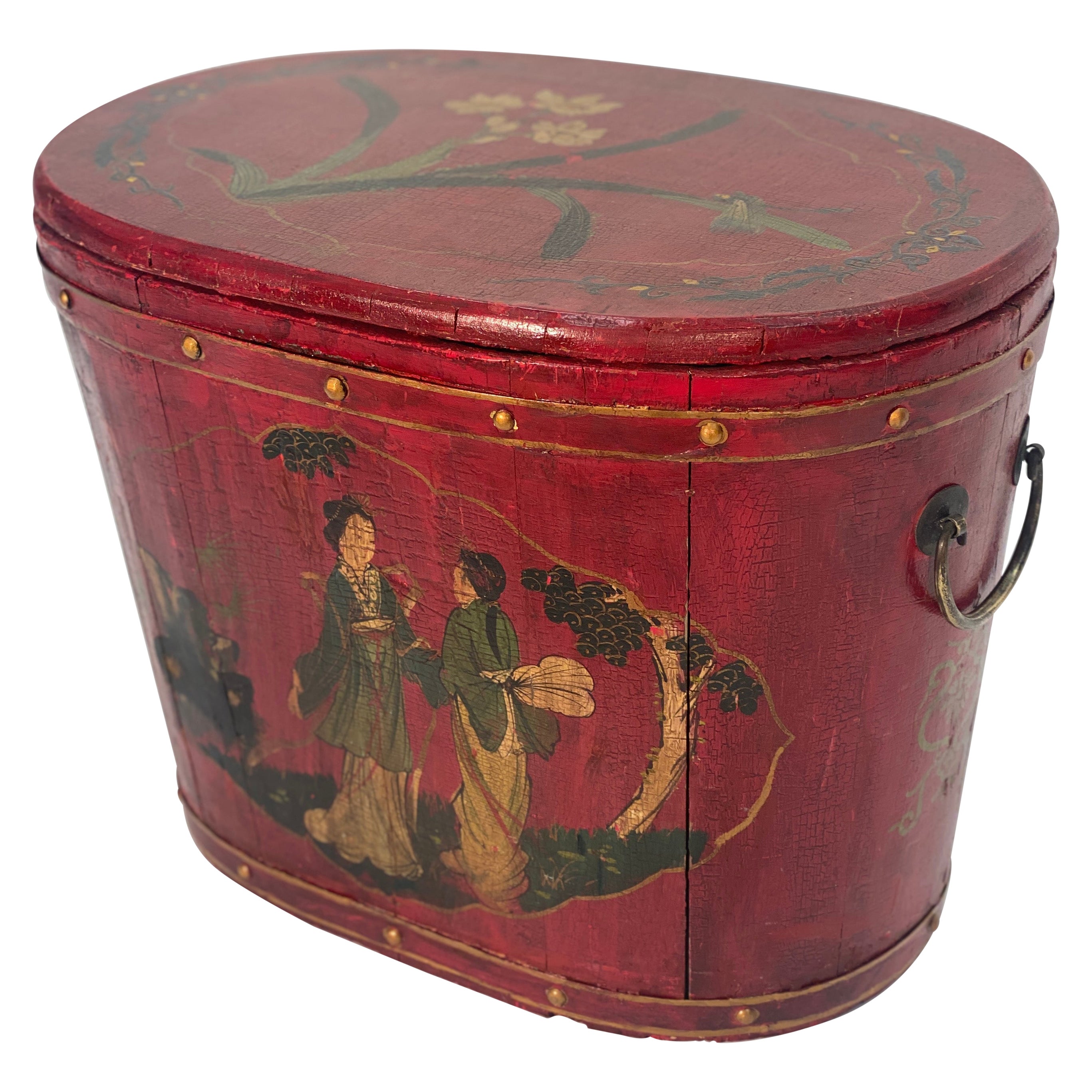 19th Century Chinoiserie Red Lacquered Lidded Rice Pail