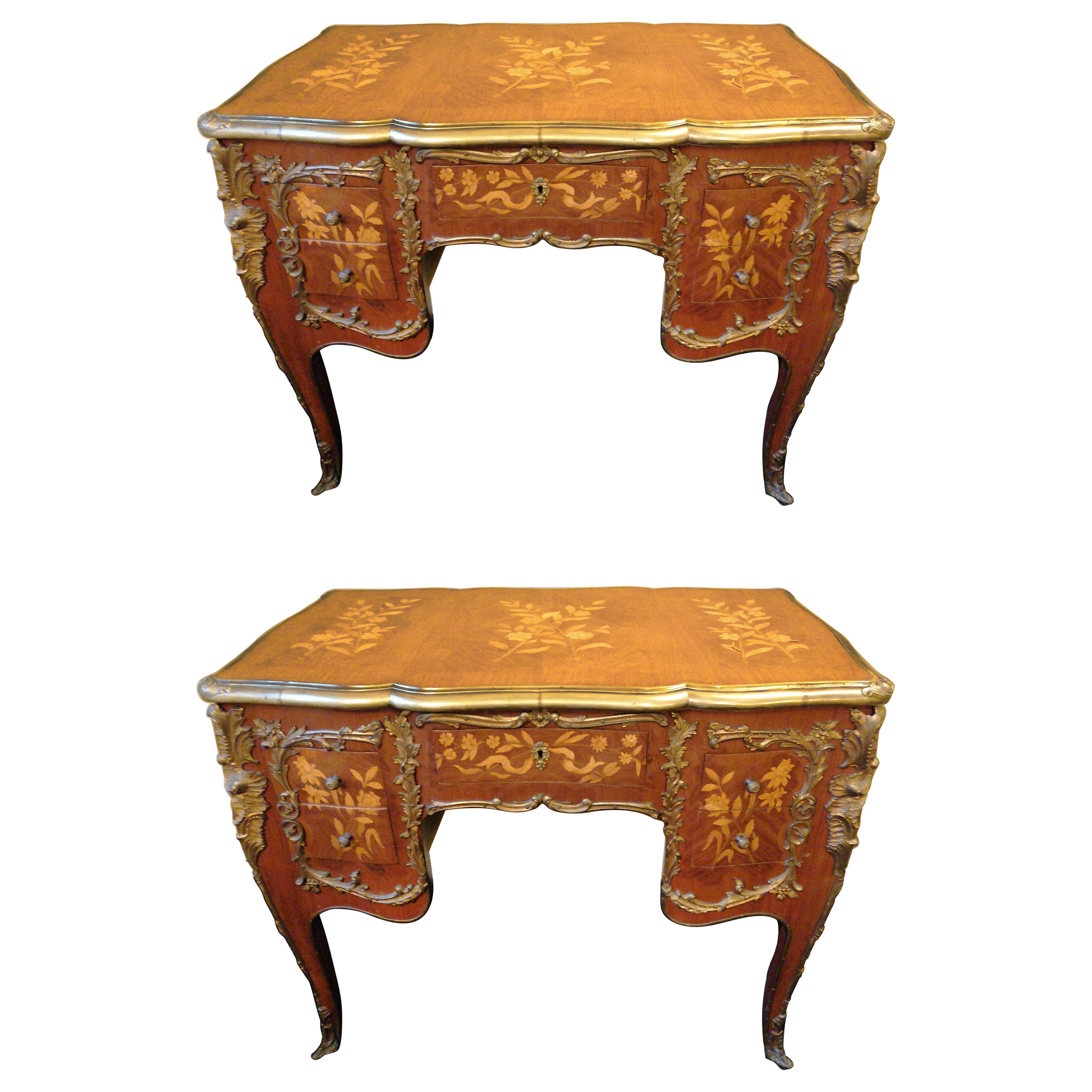 Pair of Louis XV Style Kingwood & Marquetry Brass Bound Desks For Sale