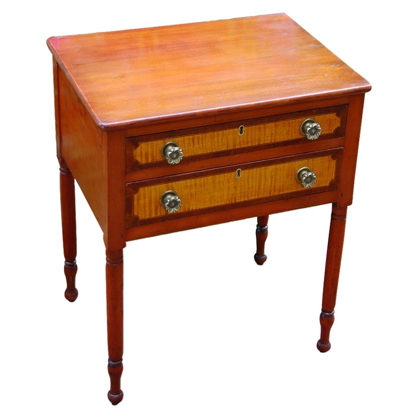 American Sheraton Early 19th Century Two Drawer Stand with Curly Maple Drawers