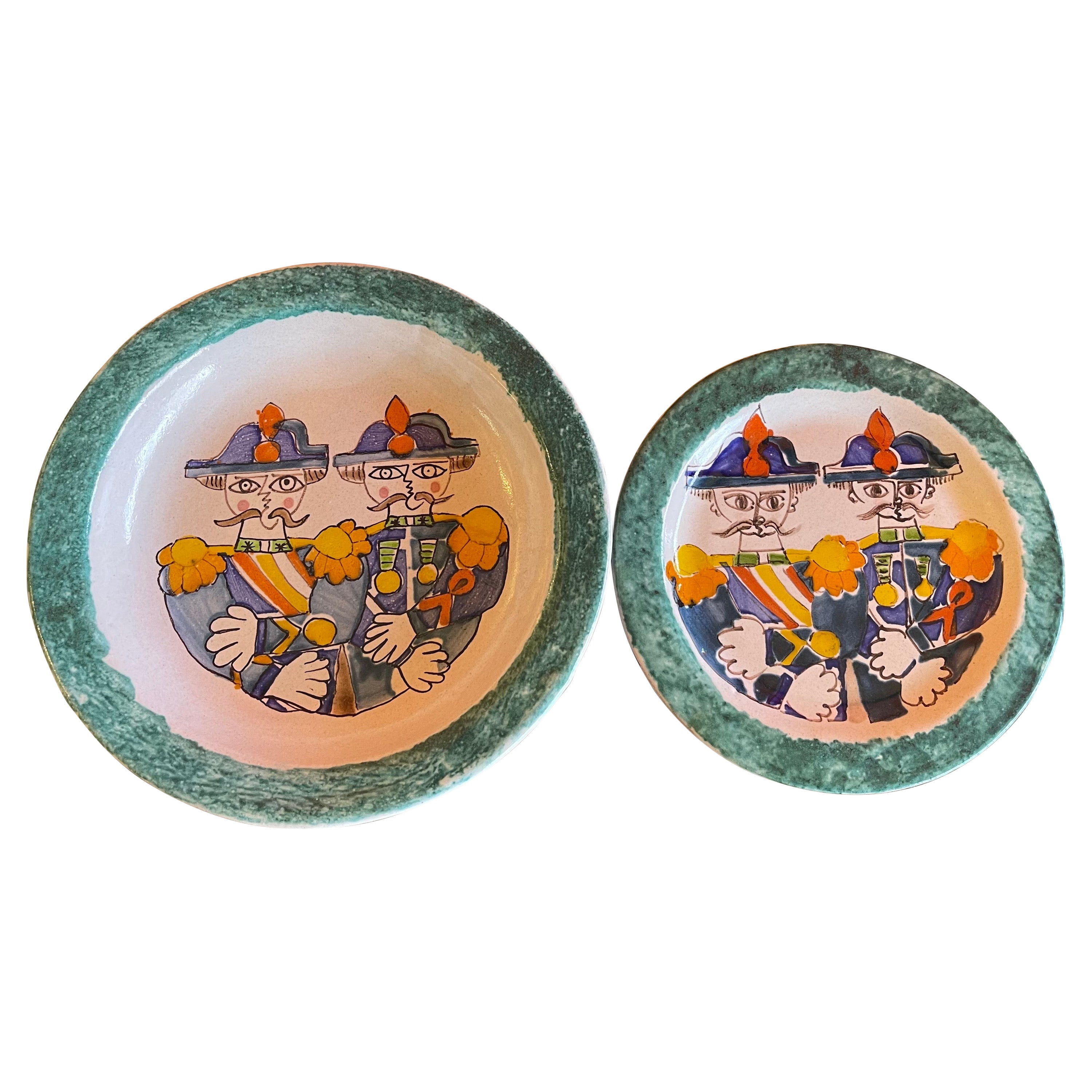 Decorative Hand Painted Italian Ceramic Plate and Bowl by DeSimone