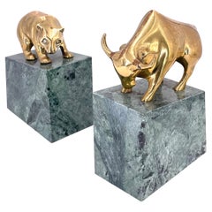 Pair of Bear & Bull Polished Brass Bookends on Green Marble Base