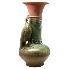 Large Art Nouveau Vase with a Sculpted Peacock and 'Opium' Poppies
