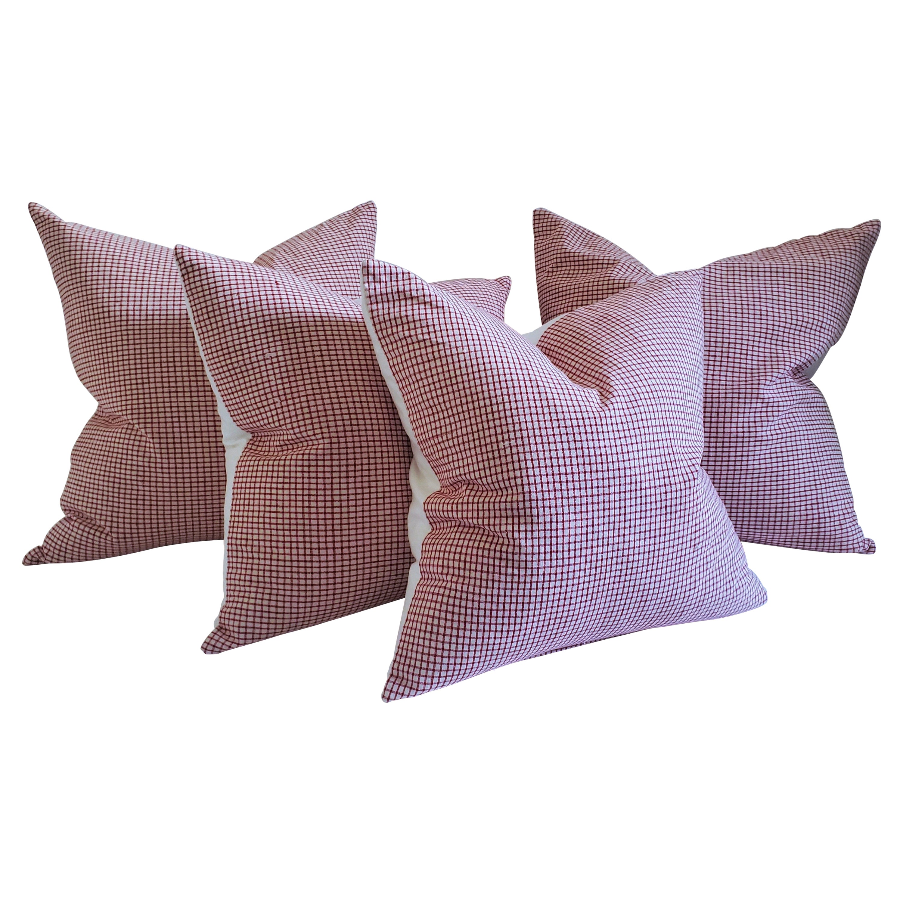 19thc Red & White Homespun Linen Pillows, Collection of Four