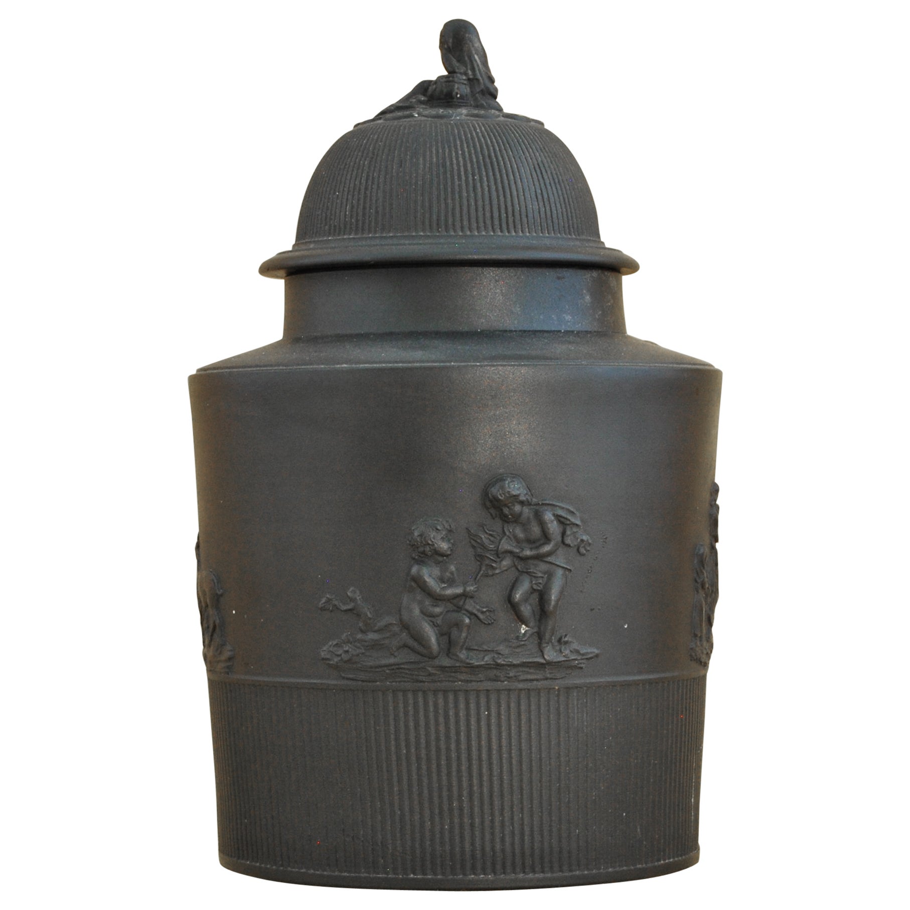 Black Basalt Tea Canister with Applied Decoration, Mayer, C1790 For Sale