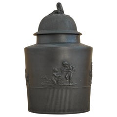 Antique Black Basalt Tea Canister with Applied Decoration, Mayer, C1790