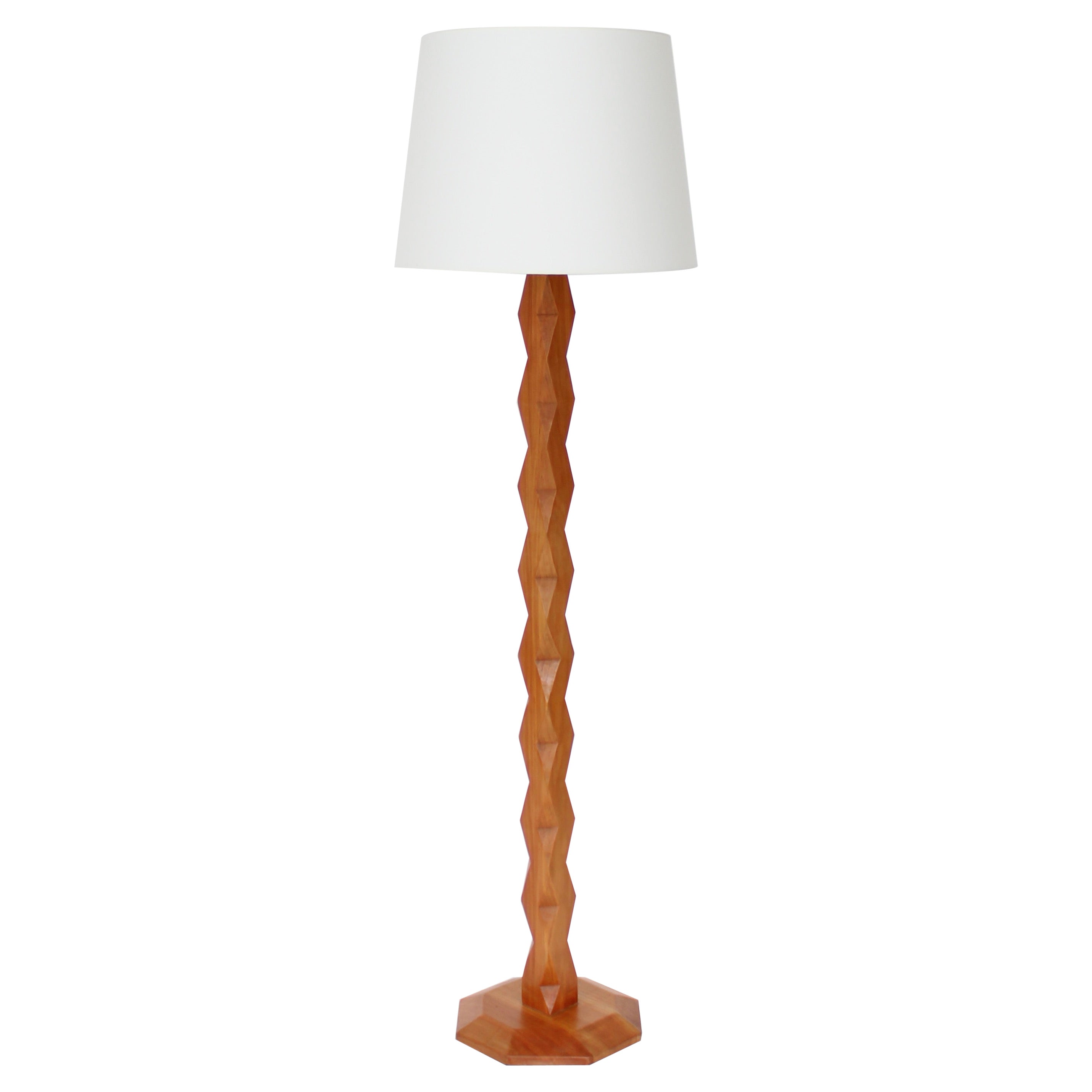 French Carved Faceted Sculptural Elm Wood Floor Lamp Inspired by Brancusi 