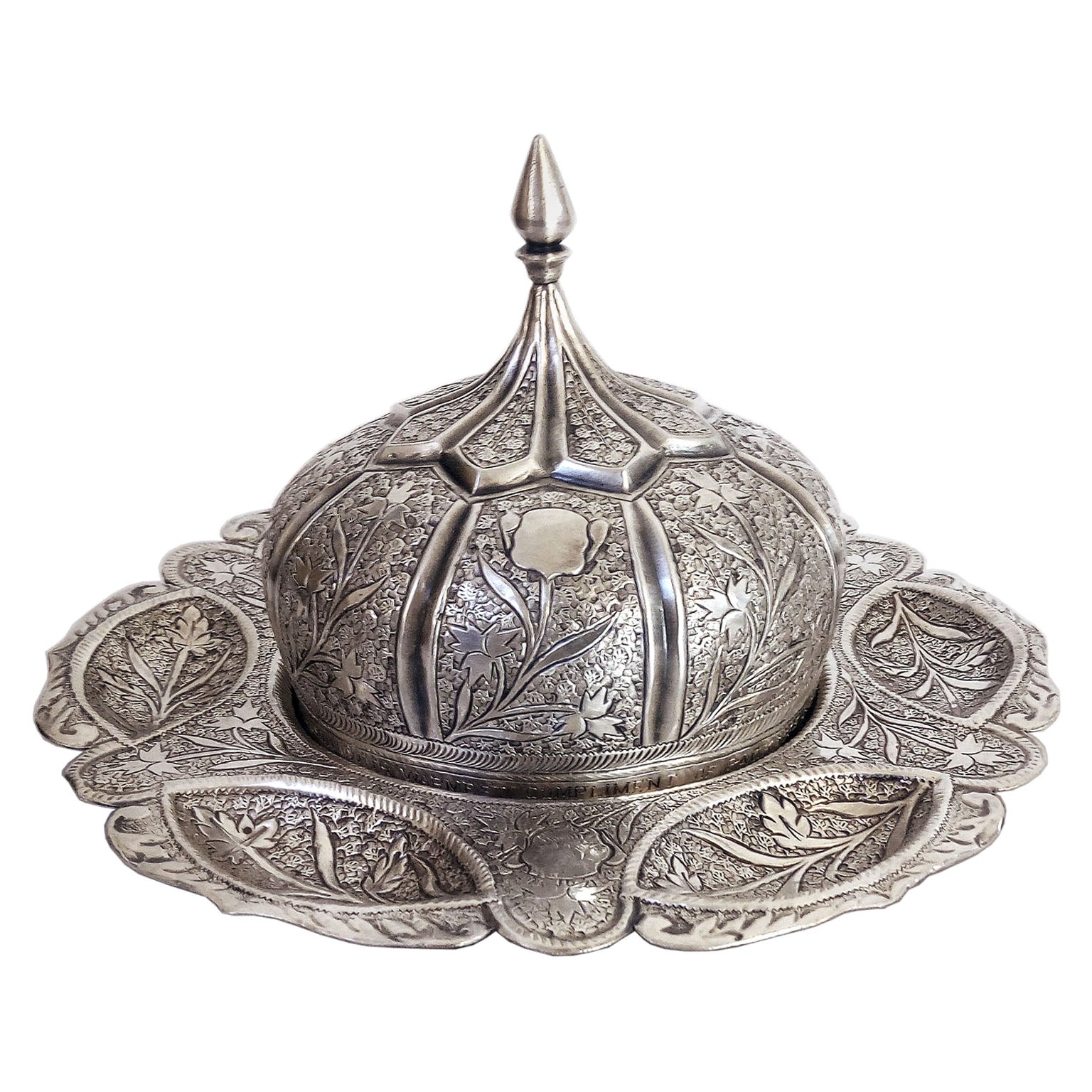 Oriental Silver Round Plate with Cover in Repoussé Technique For Sale