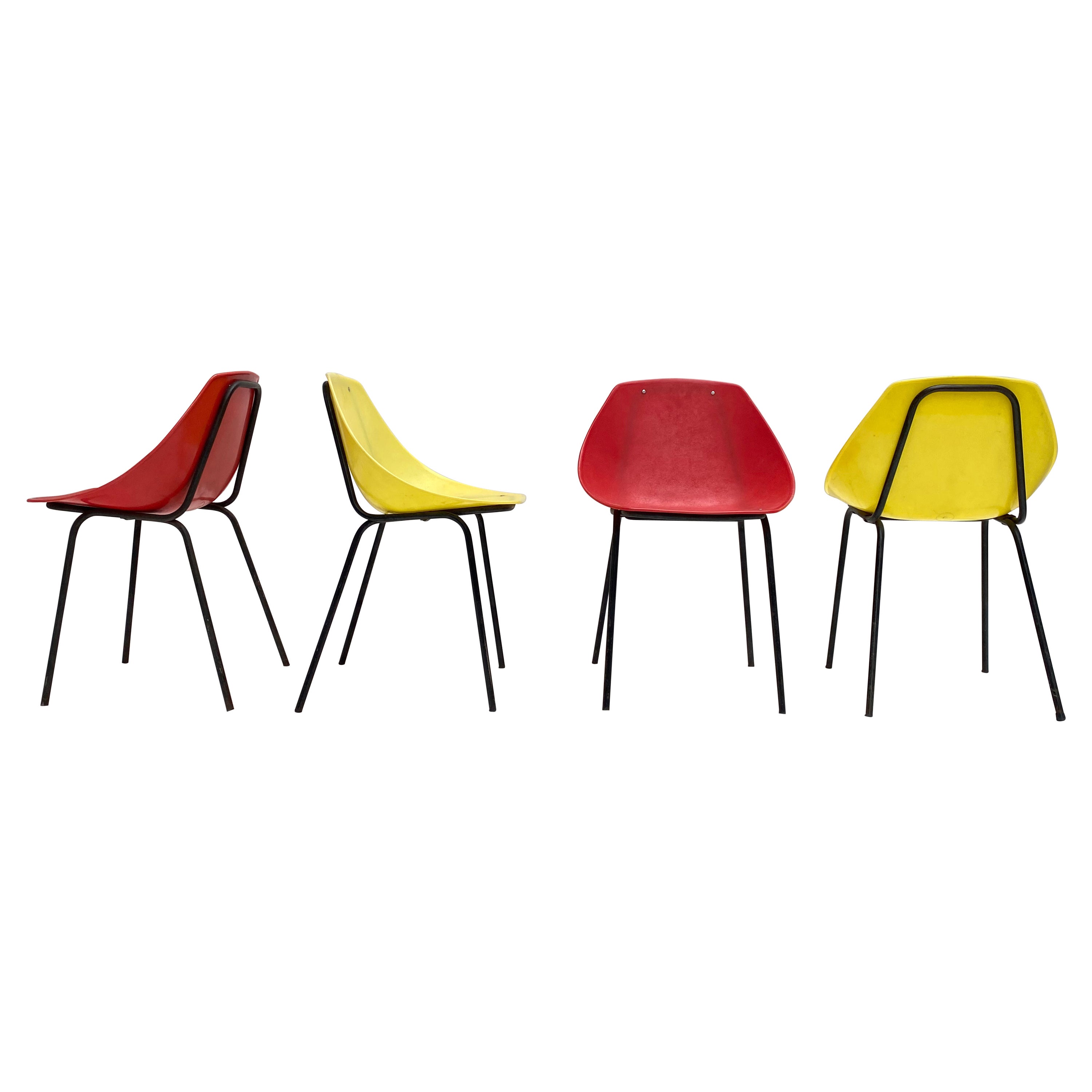 4 Pierre Guariche Cute 'Coquillage' Indoor Outdoor Chairs, Meurop Belgium 1960's