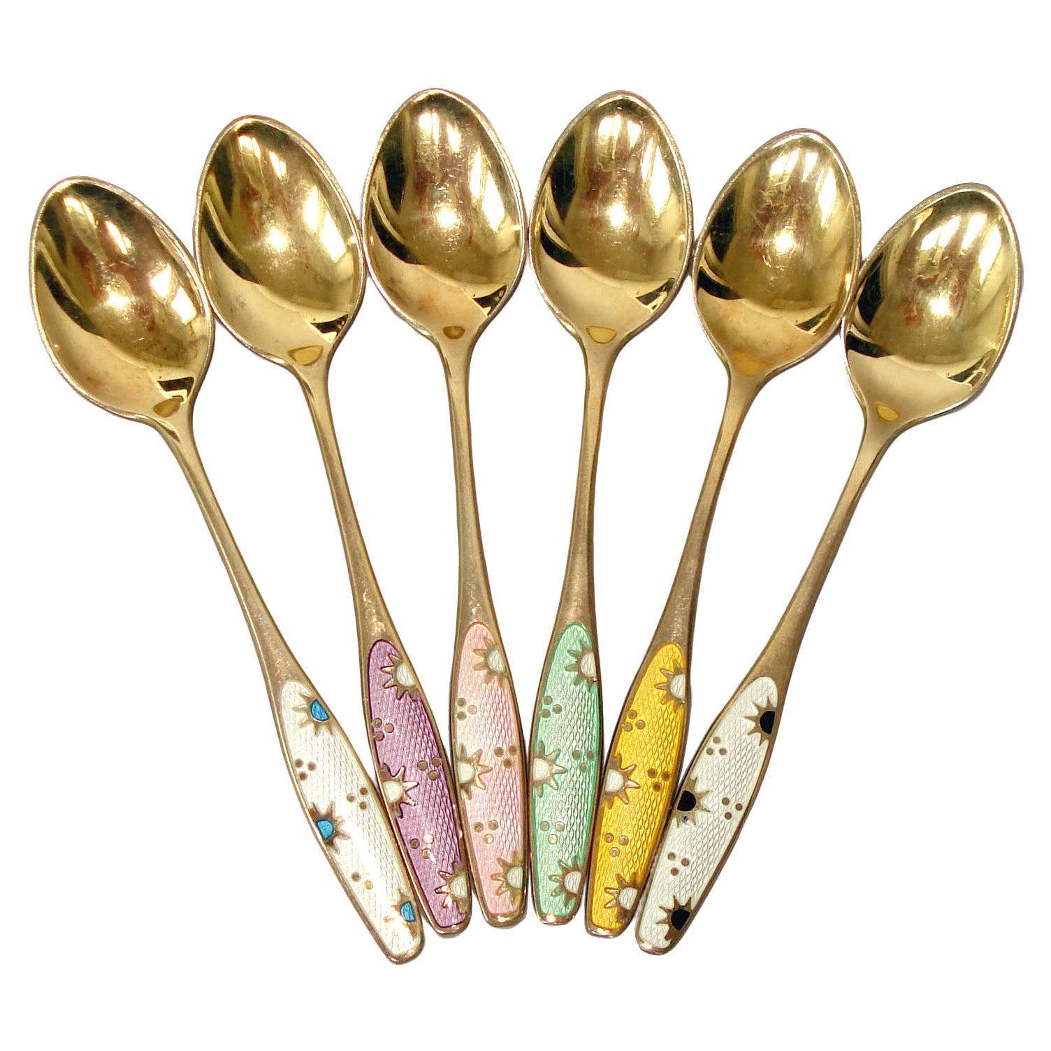 Danish Spoons, Gilt Sterling Silver, Polychrome Enamel, Set of Six, circa 1930 For Sale