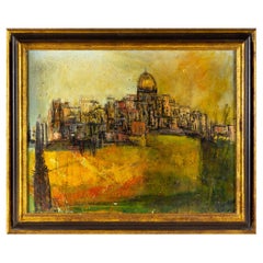 Pittura ad olio su tela di un paesaggio urbano moderno di metà secolo