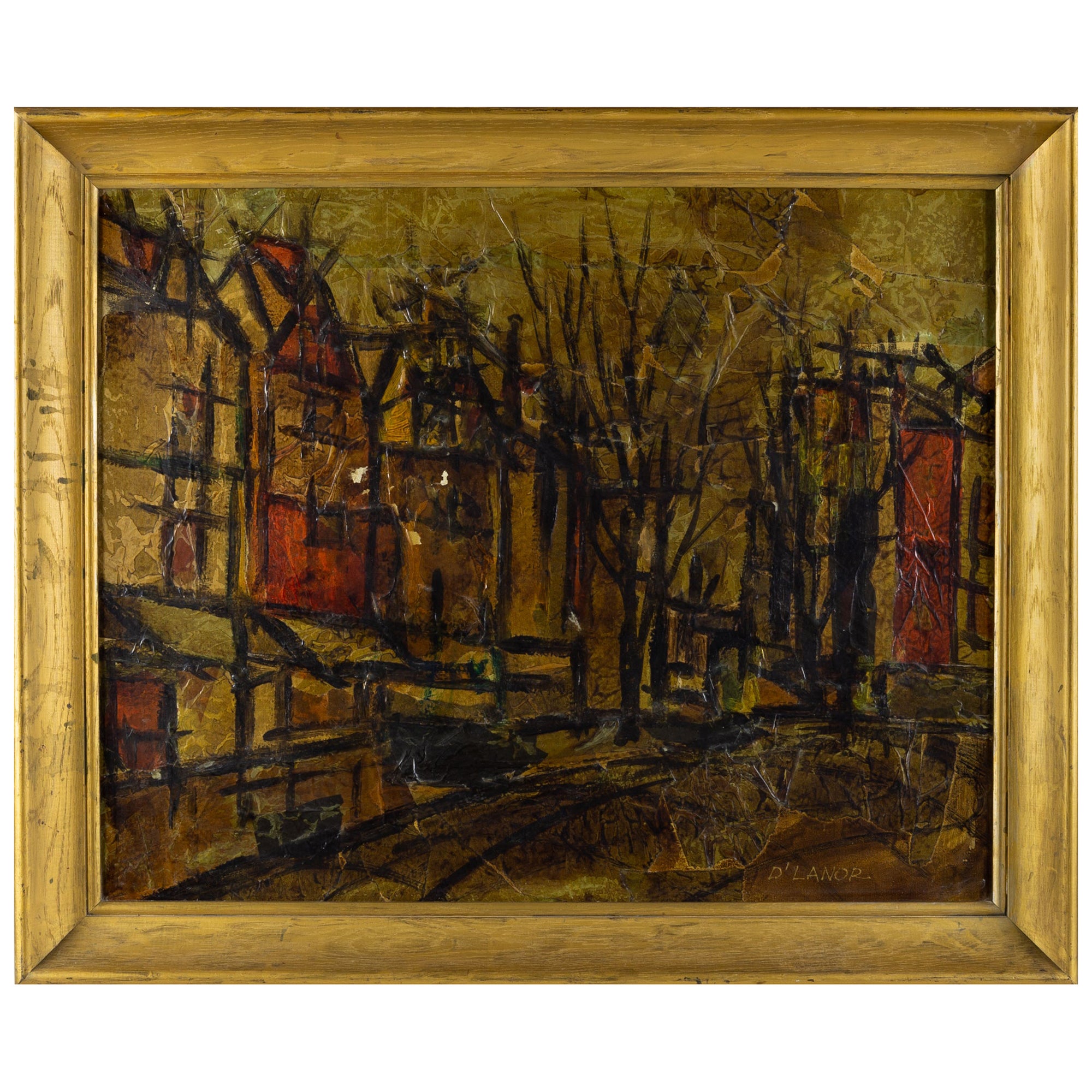 D'Lanor - Peinture à l'huile sur toile - paysage urbain abstrait du milieu du siècle dernier