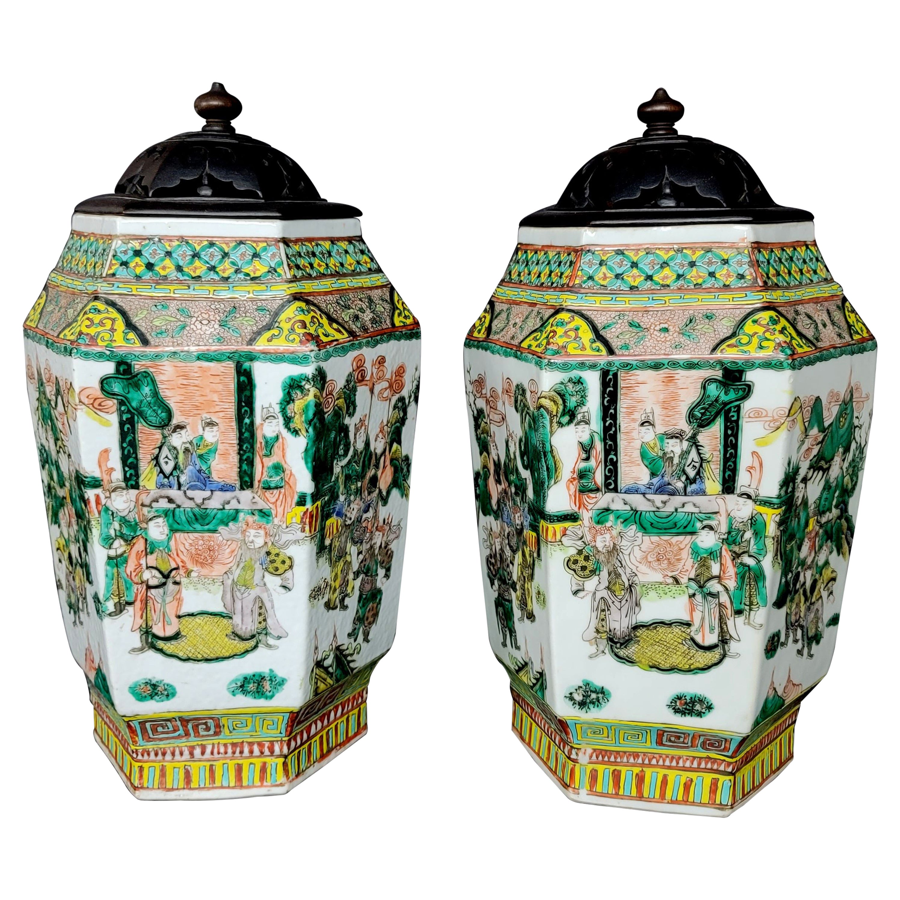 Matching Pair of Chinese Hexagonal Porcelain Vases, 19th Century