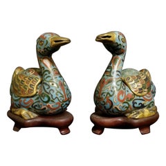 Vintage 1880's Pair of Chinese Cloisonné Enamel Censer, Ducks on the Fitted Wood Base