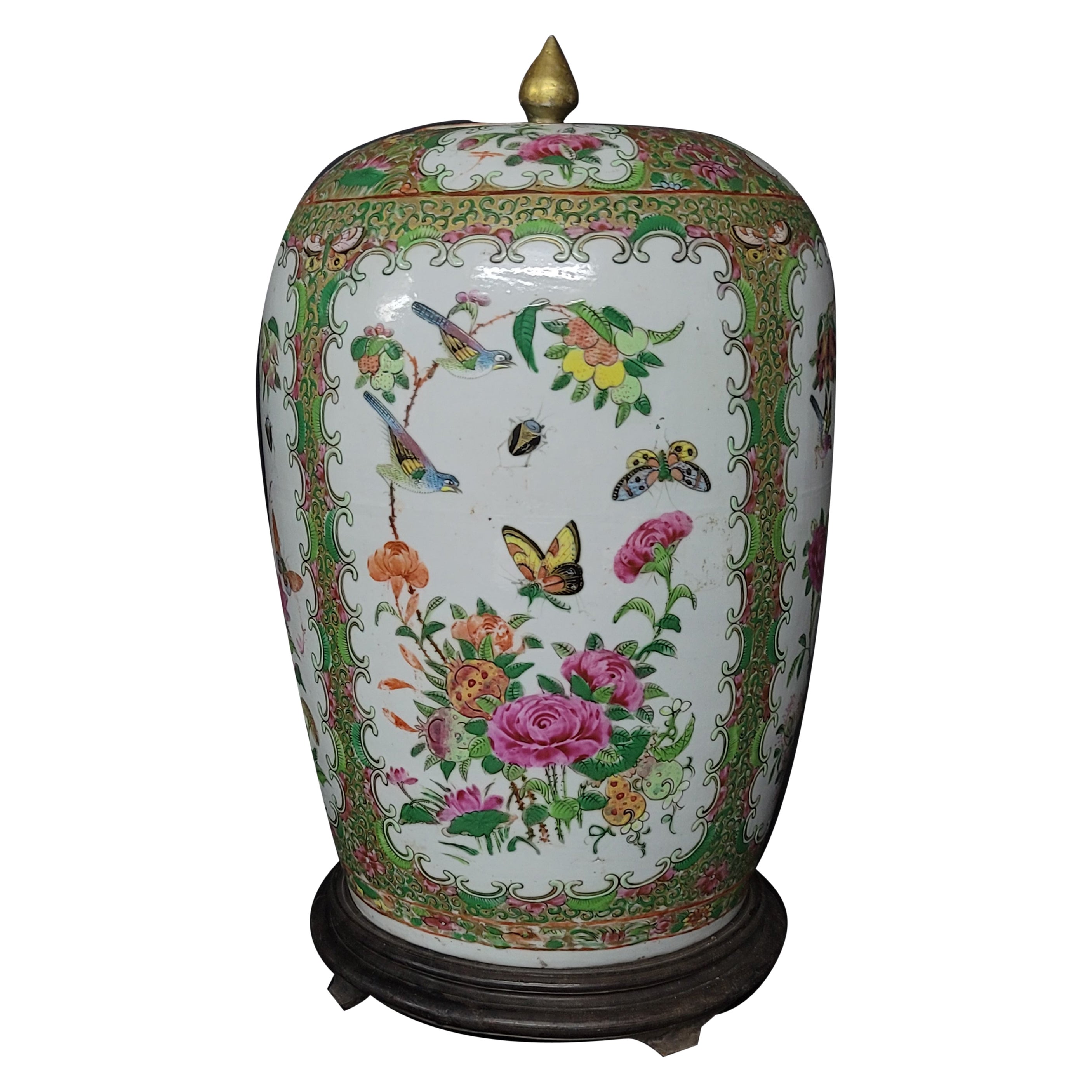 Large Chinese Export Rose Famille Covered Jar with Wood Base For Sale