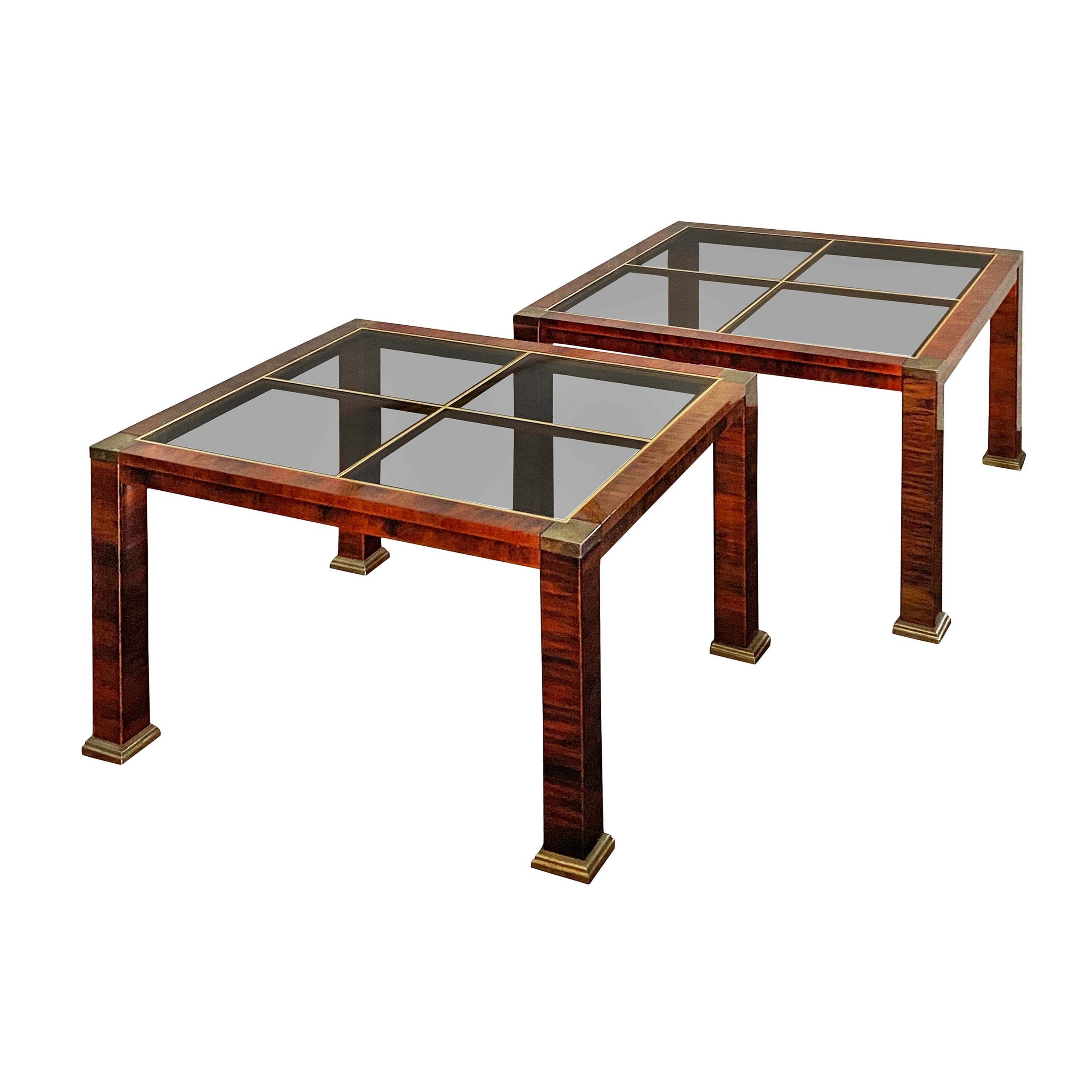 Pair of MidCentury Modern Faux Burl Wood and Glass Coffee Tables at