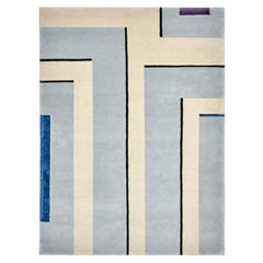 Rug Wool Modern Hand Knotted Neutral Grey Blue violet with black Lines carpet
