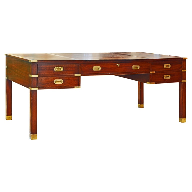British Colonial Mahogany Campaign Style Leather Top Gentleman's Desk