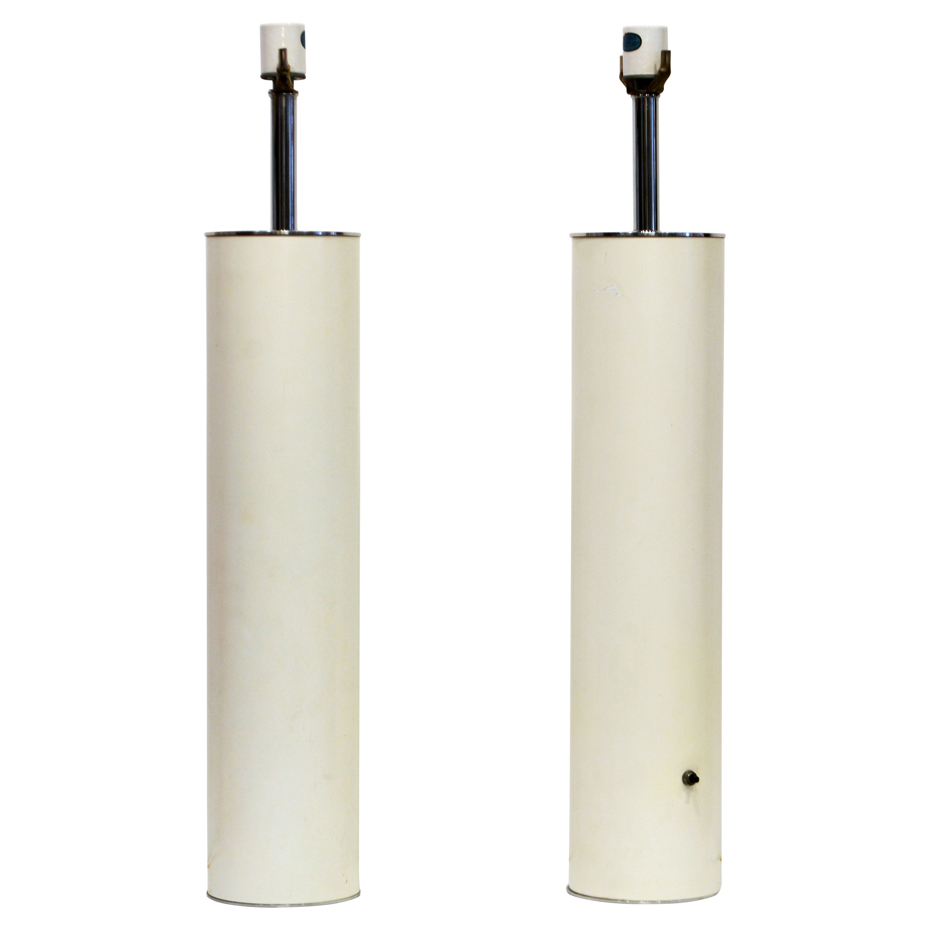 Pair of MCM Walter von Nessen Tall White Enamel and Chrome Cylinder Table Lamps