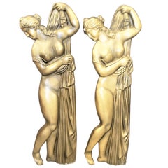 Pair Retro Molded Semi-Nude Neoclassical Styled Females Relief Wall Sculptures